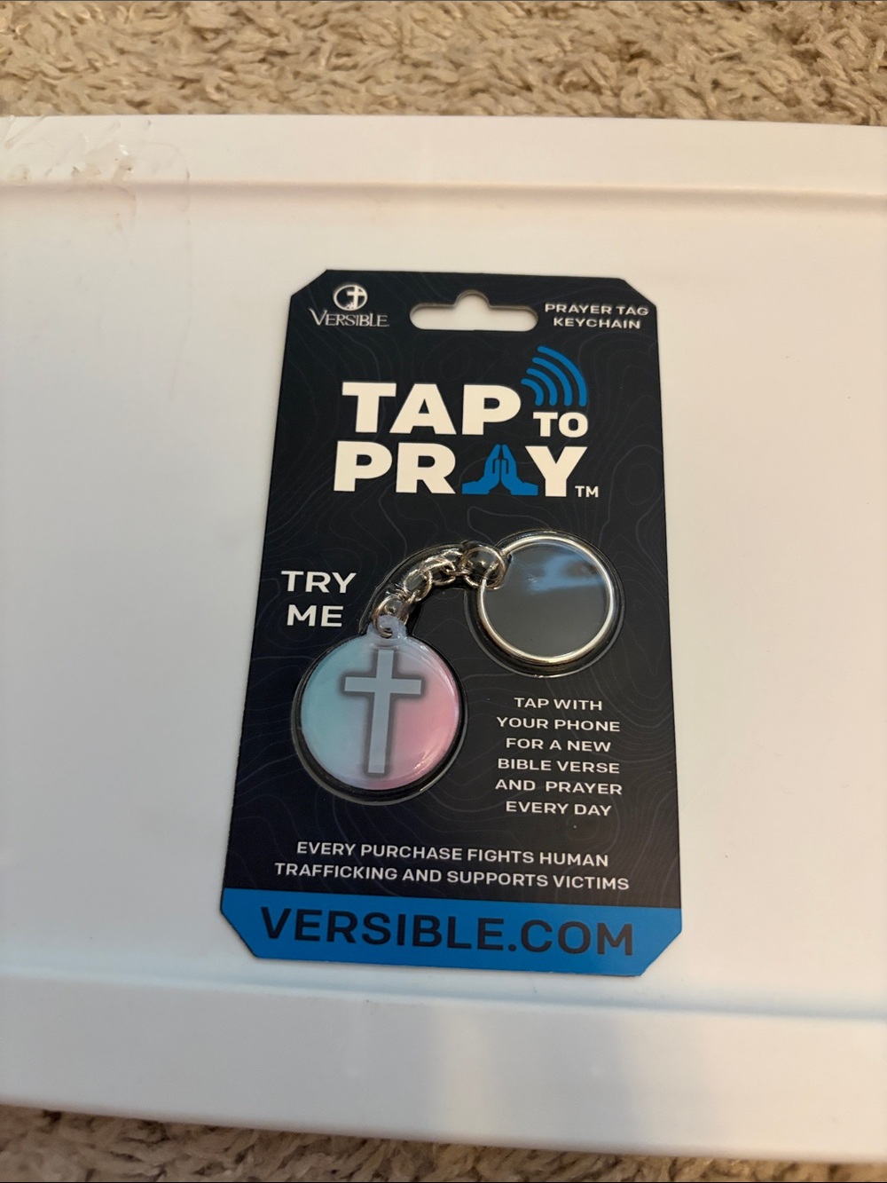 Tap to Pray Keychain - Pink & Light Blue Cross-New